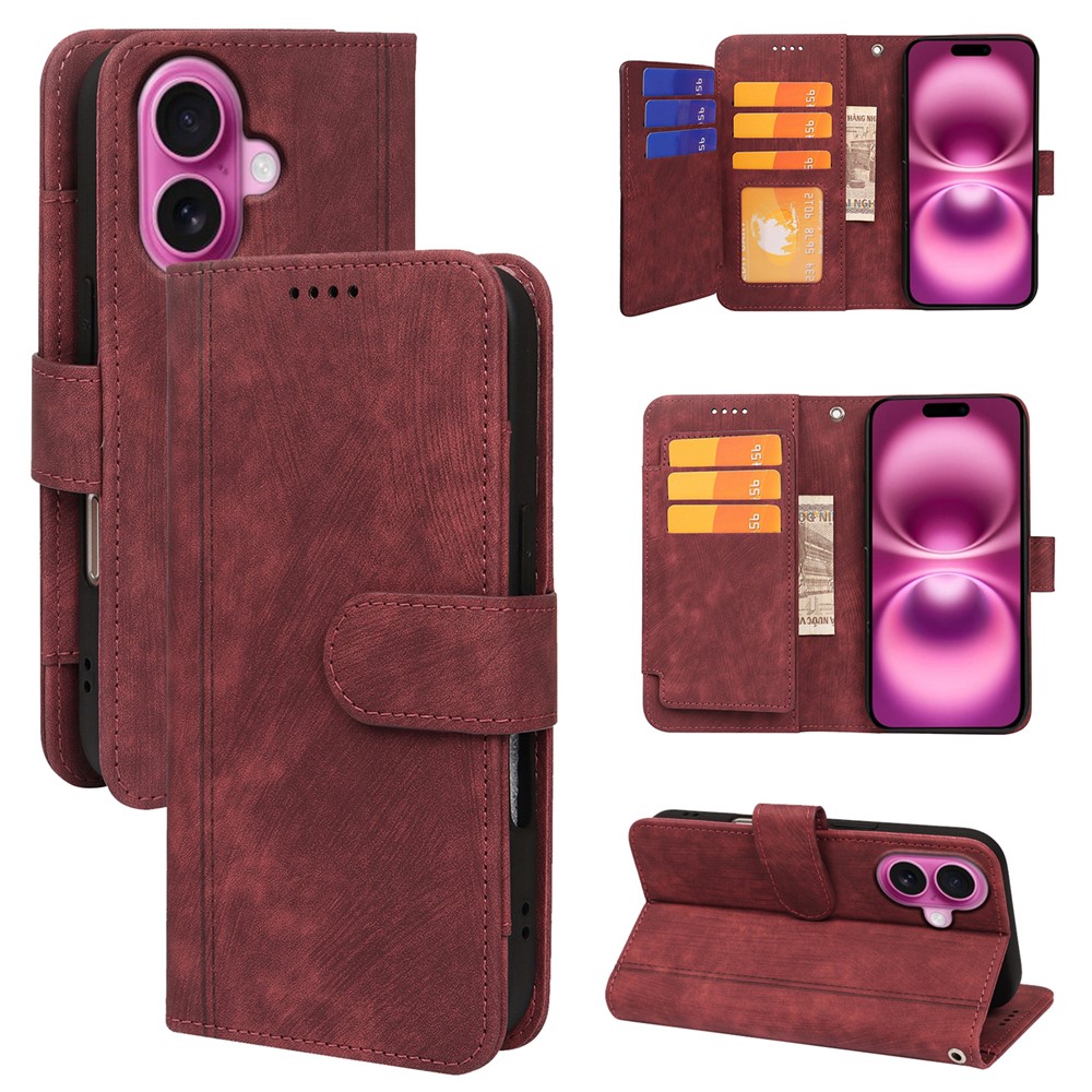 For iPhone 16 Plus Leather Case Line Pattern Wallet Phone Cover with 9 Card Slots - Red