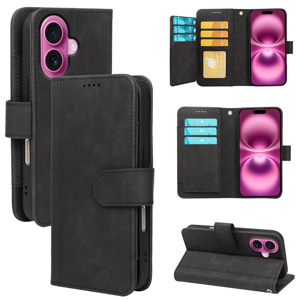 For iPhone 16 Plus Leather Case Line Pattern Wallet Phone Cover with 9 Card Slots - Black