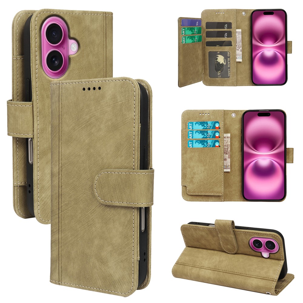 For iPhone 16 Plus Leather Case Line Pattern Wallet Phone Cover with 9 Card Slots - Yellow