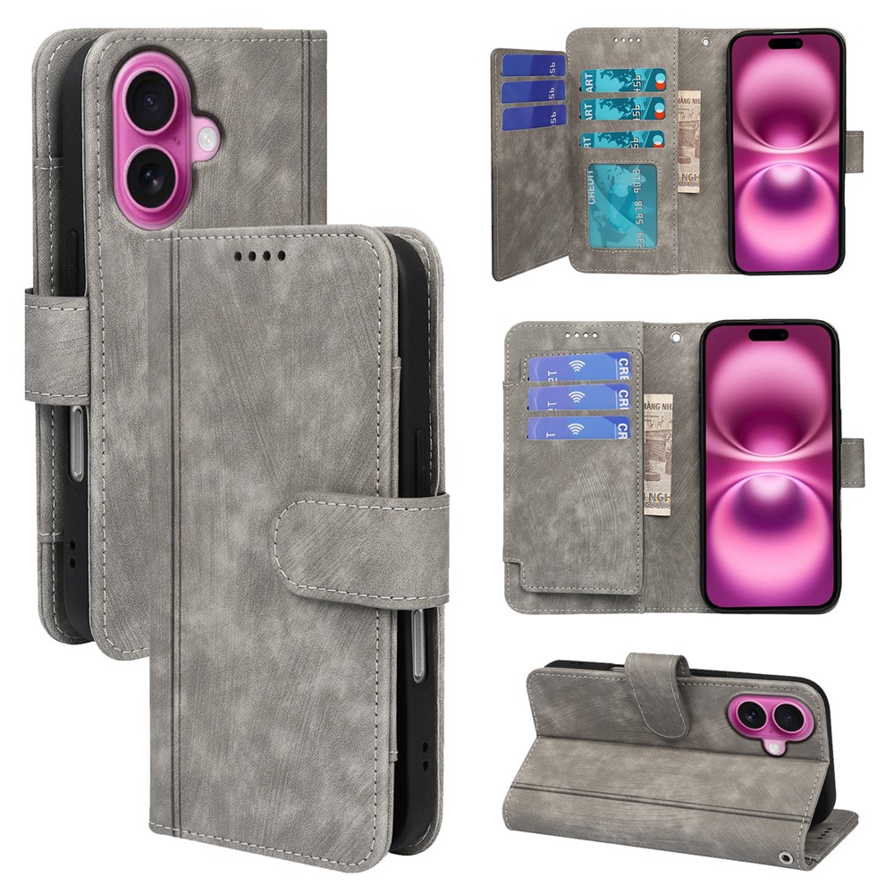 For iPhone 16 Plus Leather Case Line Pattern Wallet Phone Cover with 9 Card Slots - Grey