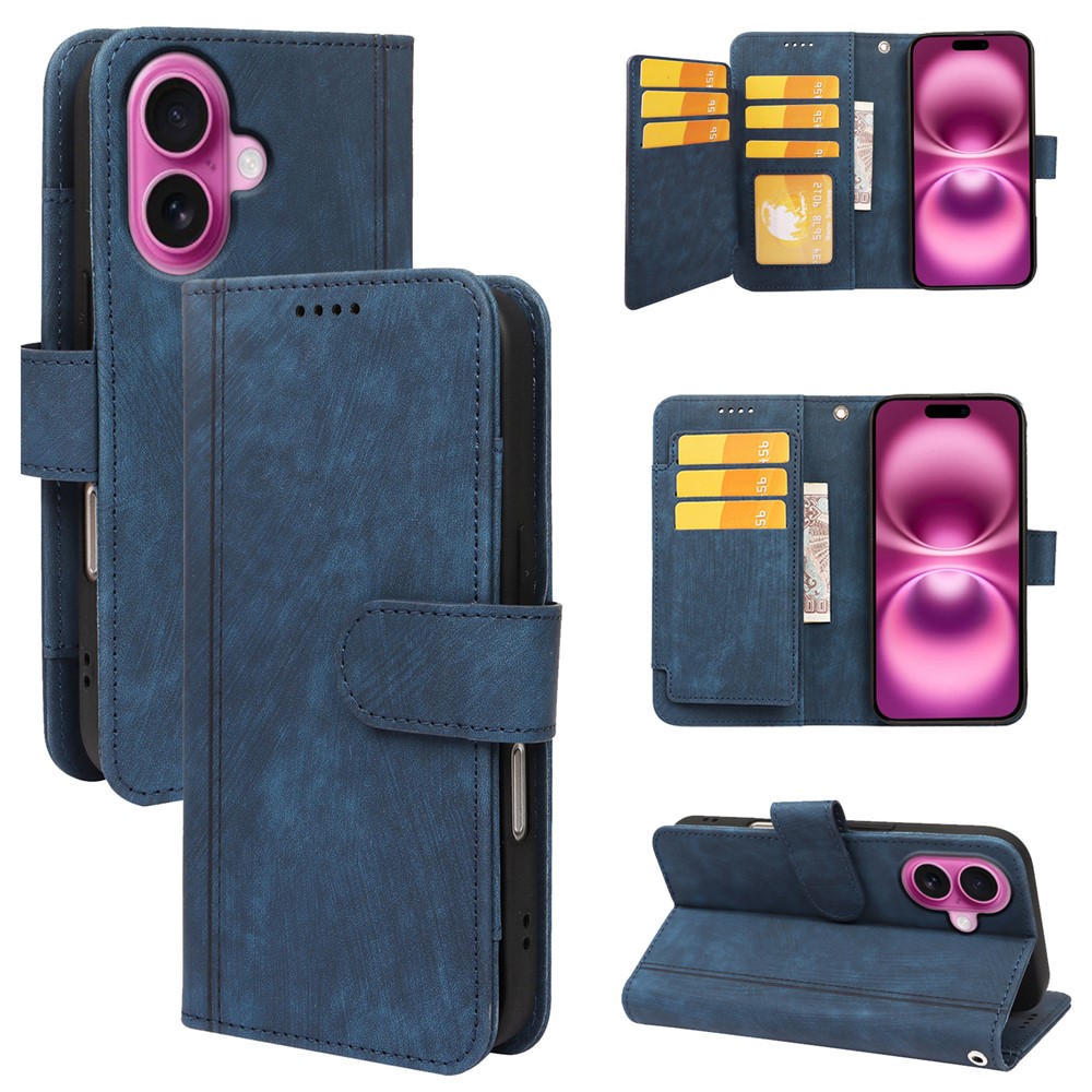For iPhone 16 Plus Leather Case Line Pattern Wallet Phone Cover with 9 Card Slots - Blue