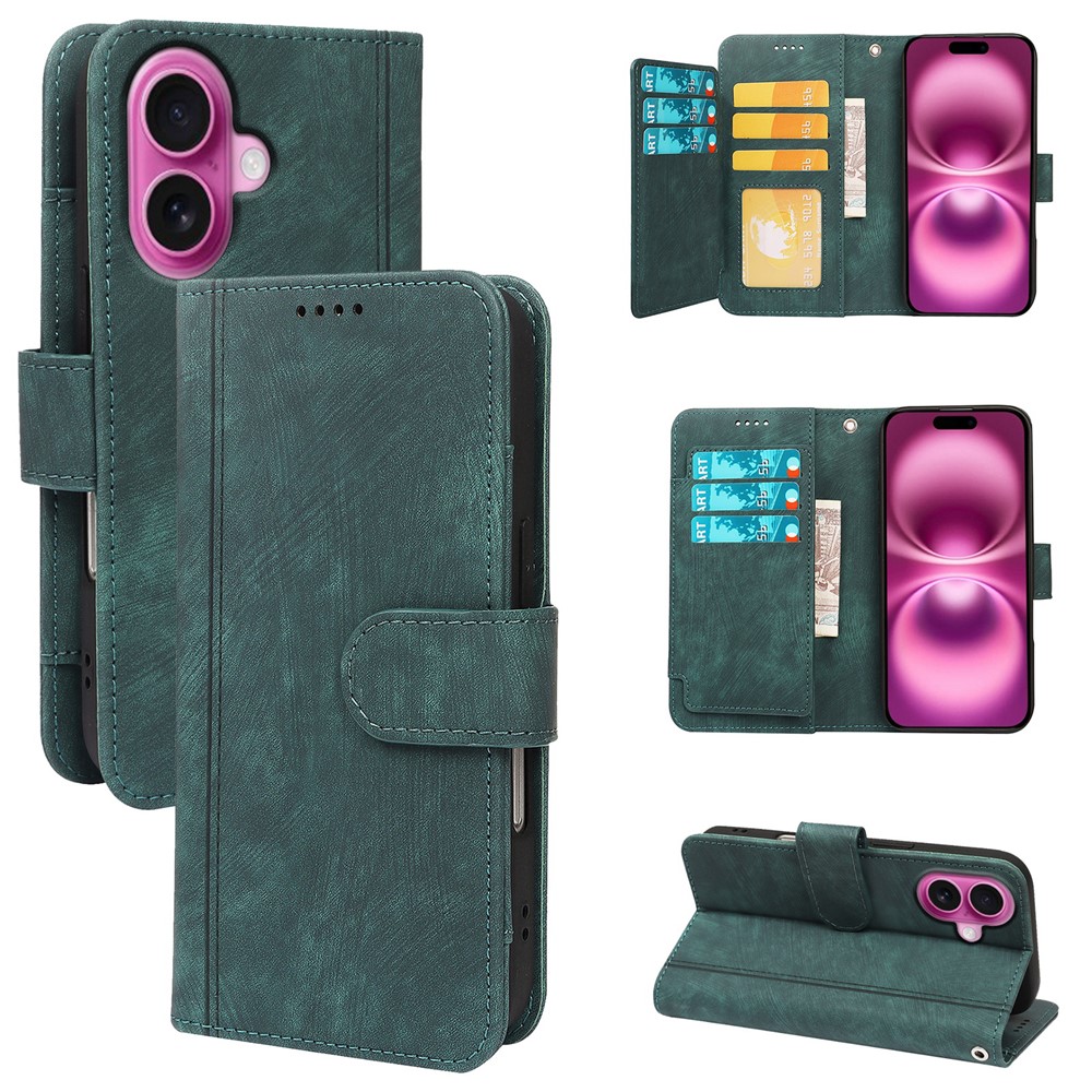 For iPhone 16 Plus Leather Case Line Pattern Wallet Phone Cover with 9 Card Slots - Green