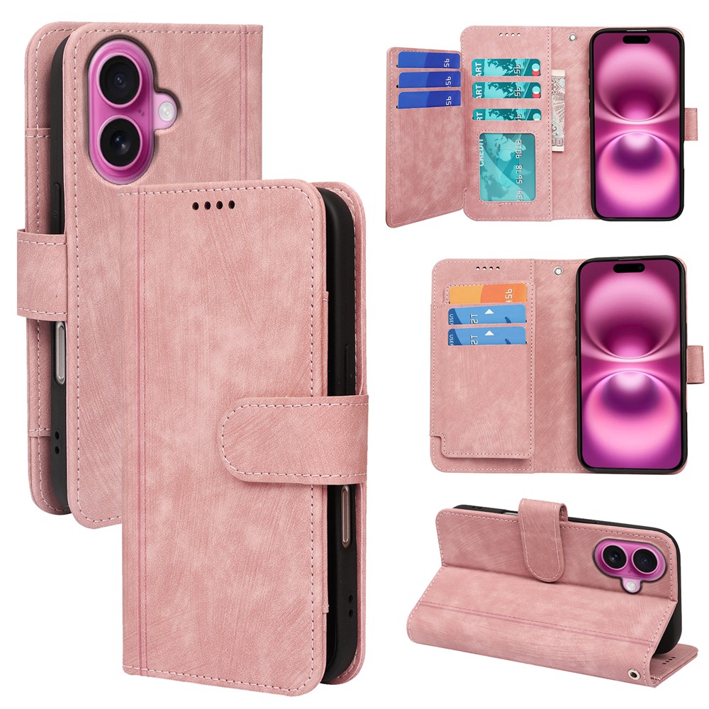 For iPhone 16 Plus Leather Case Line Pattern Wallet Phone Cover with 9 Card Slots - Rose Gold