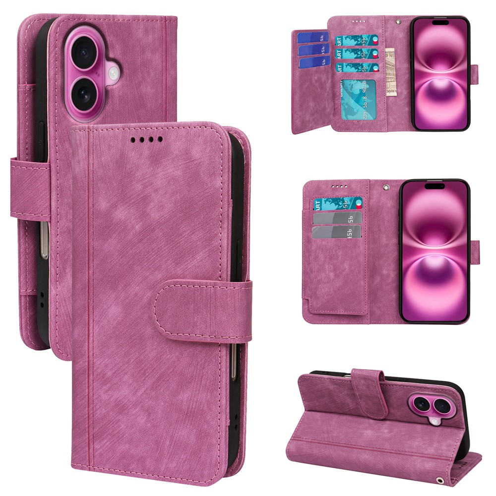 For iPhone 16 Plus Leather Case Line Pattern Wallet Phone Cover with 9 Card Slots - Rose