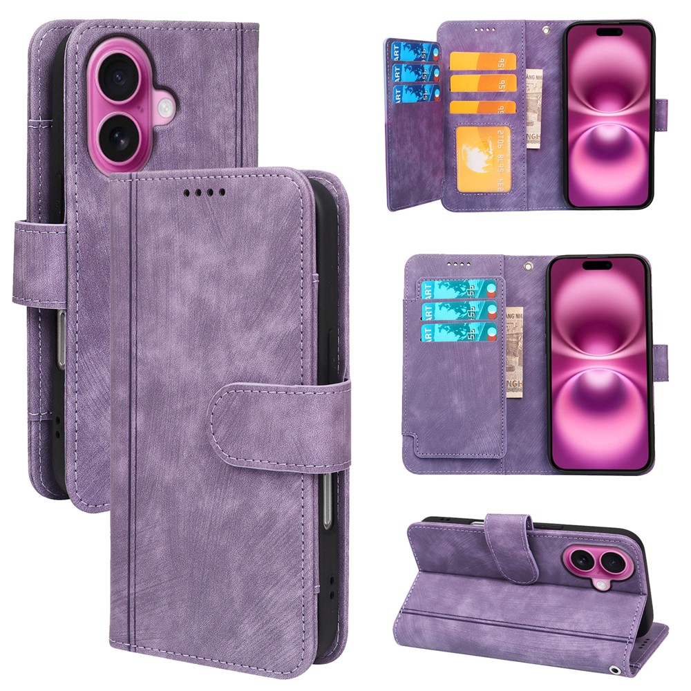 For iPhone 16 Plus Leather Case Line Pattern Wallet Phone Cover with 9 Card Slots - Purple