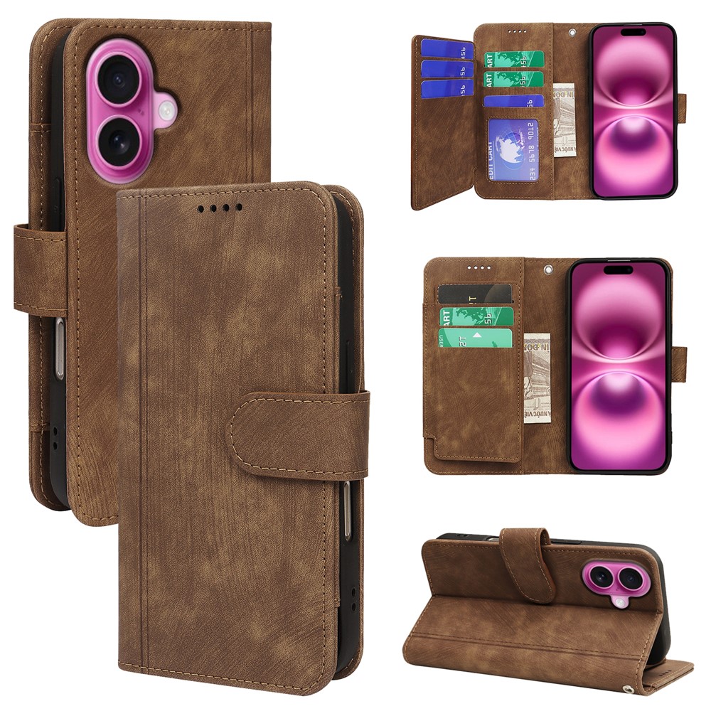 For iPhone 16 Plus Leather Case Line Pattern Wallet Phone Cover with 9 Card Slots - Brown
