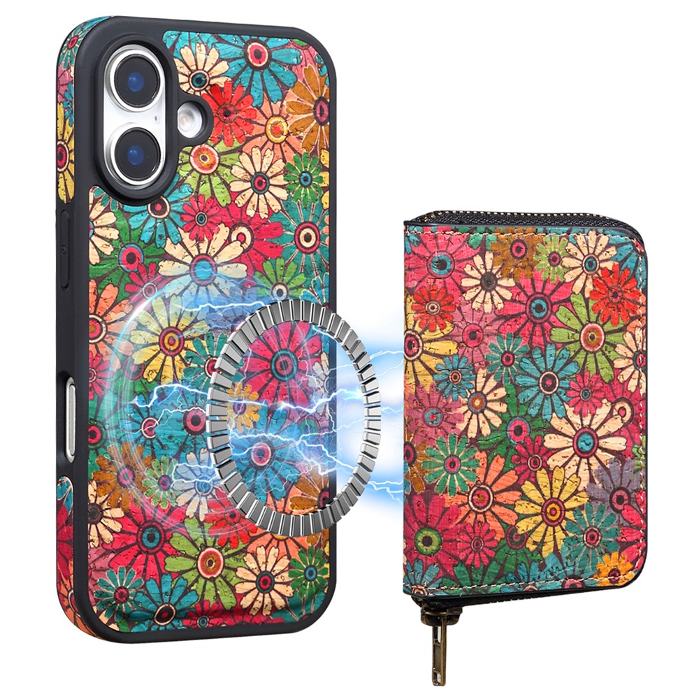 For iPhone 16 Plus Magnetic Case with Detachable Zipper Card Bag Flower Leather Back Cover - Green