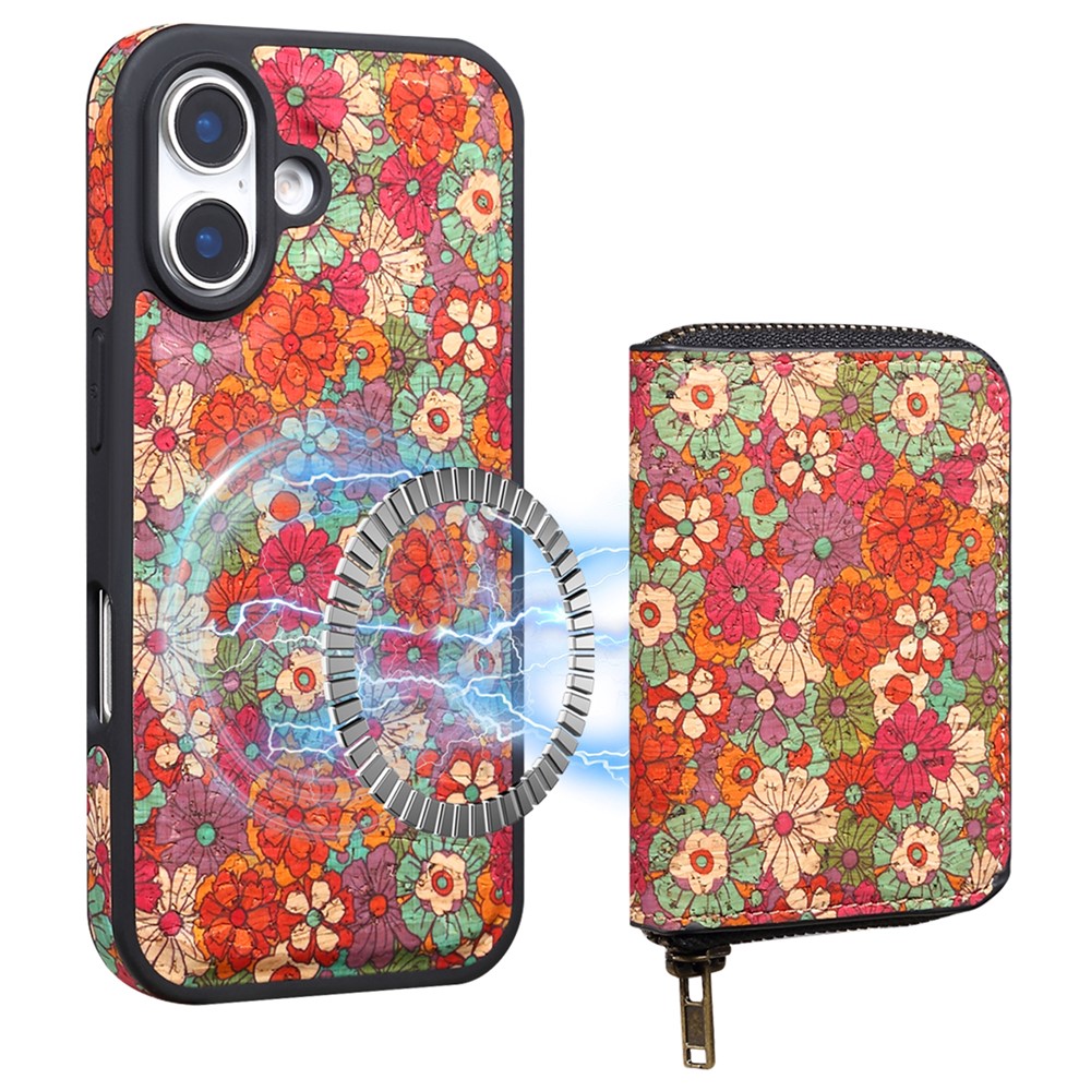 For iPhone 16 Plus Magnetic Case with Detachable Zipper Card Bag Flower Leather Back Cover - Red