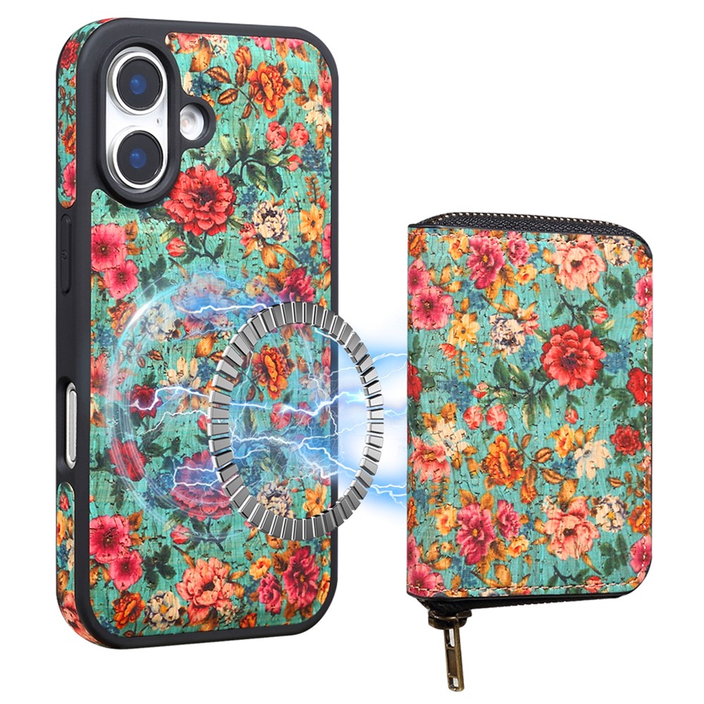 For iPhone 16 Plus Magnetic Case with Detachable Zipper Card Bag Flower Leather Back Cover - Blue