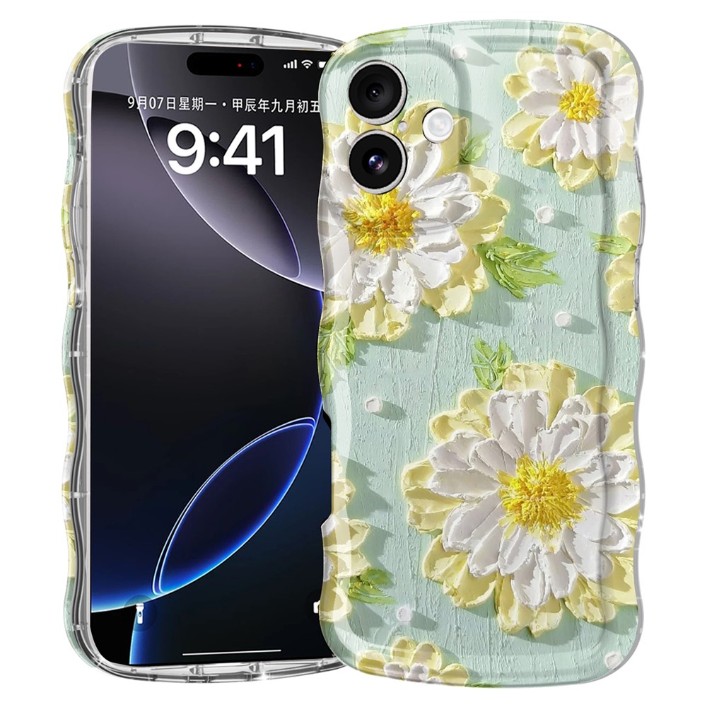 For iPhone 16 Plus Case Curly Wave Frame Floral IMD TPU Phone Cover - GWL10220