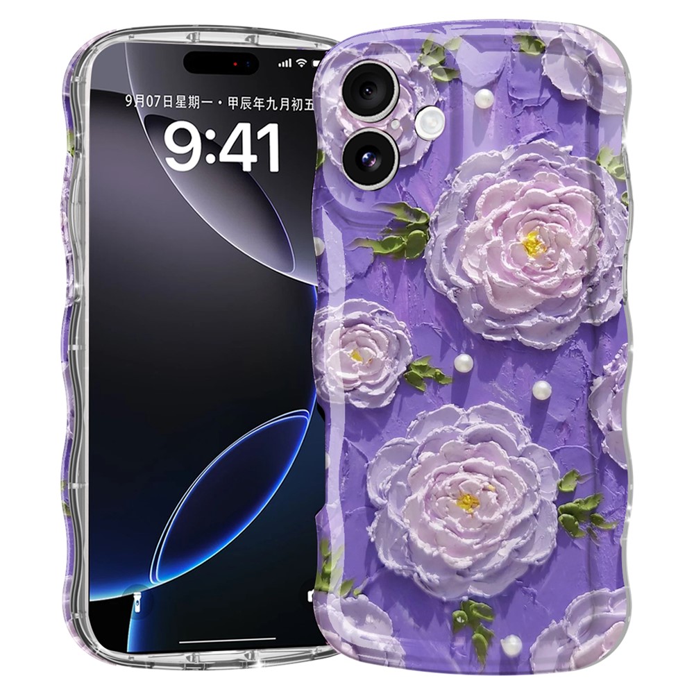 For iPhone 16 Plus Case Curly Wave Frame Floral IMD TPU Phone Cover - GWL10222