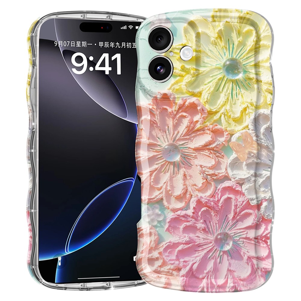 For iPhone 16 Plus Case Curly Wave Frame Floral IMD TPU Phone Cover - GWL10223