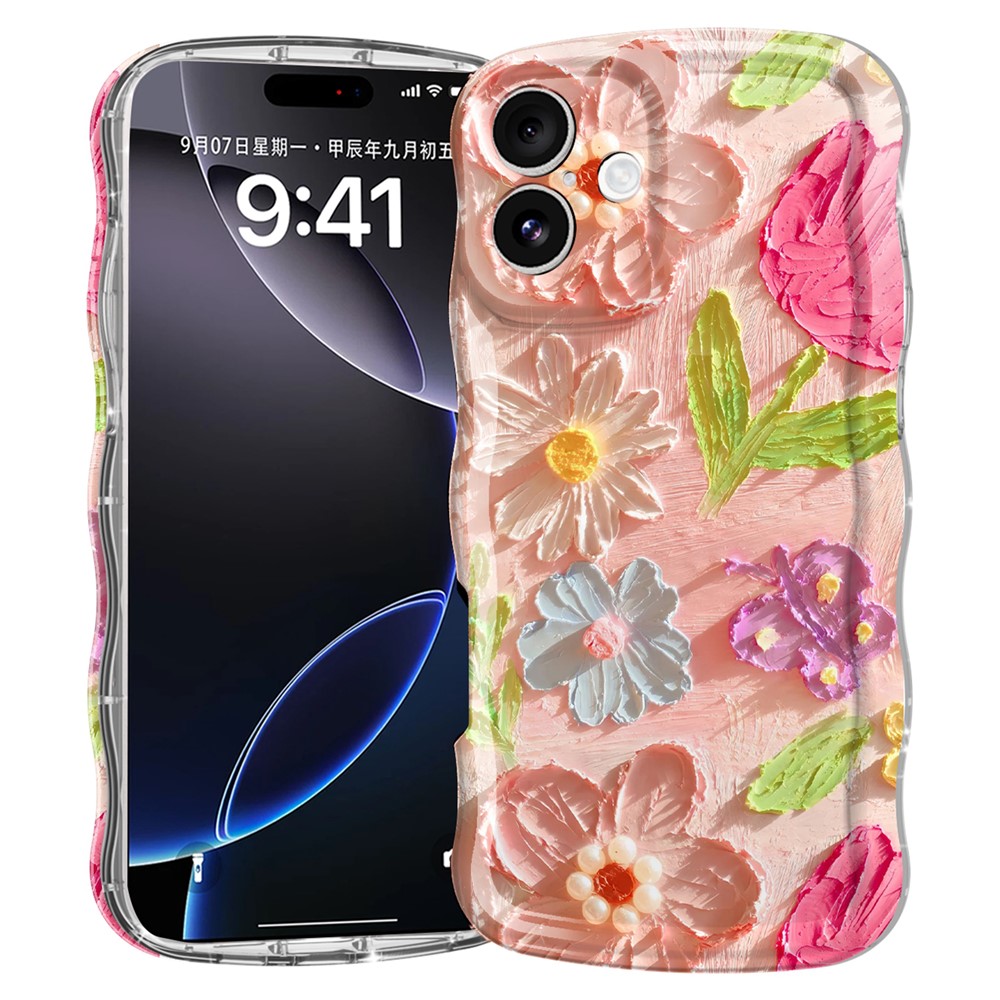 For iPhone 16 Plus Case Curly Wave Frame Floral IMD TPU Phone Cover - GWL10224