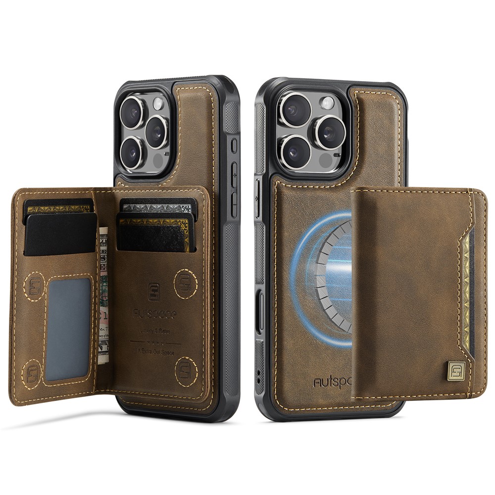 For iPhone 16 Pro Case AUTSPACE A13 Vintage Leather Back Cover with Magnetic Detachable Card Bag - Coffee