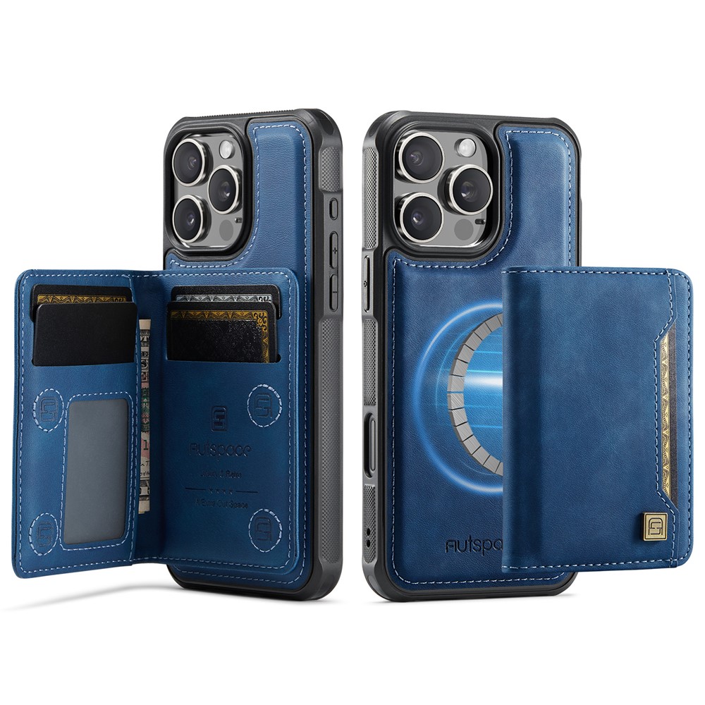 For iPhone 16 Pro Max Case AUTSPACE A13 Vintage Leather Back Cover with Magnetic Detachable Card Bag - Blue