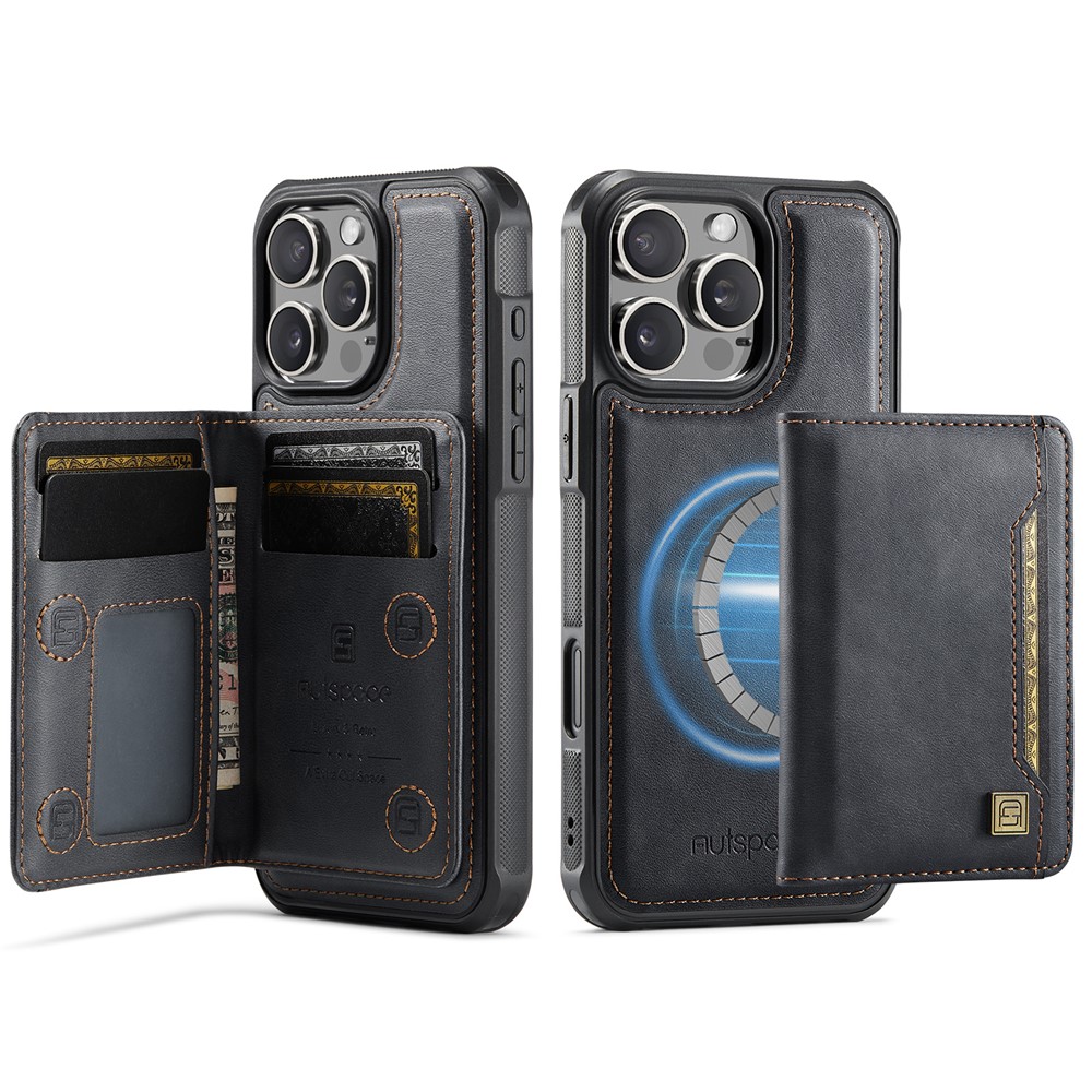 For iPhone 16 Pro Max Case AUTSPACE A13 Vintage Leather Back Cover with Magnetic Detachable Card Bag - Black