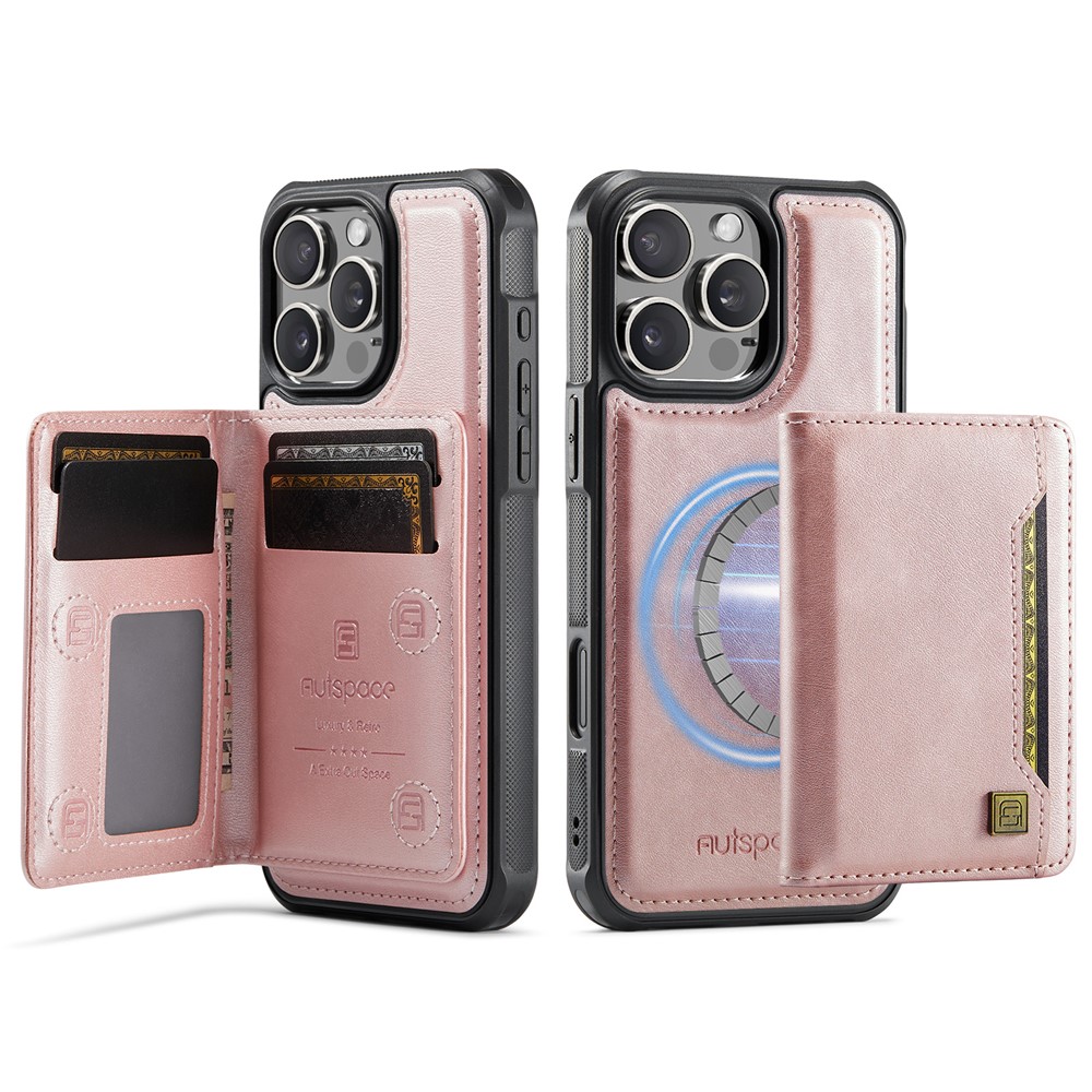 For iPhone 16 Pro Max Case AUTSPACE A13 Vintage Leather Back Cover with Magnetic Detachable Card Bag - Rose Gold