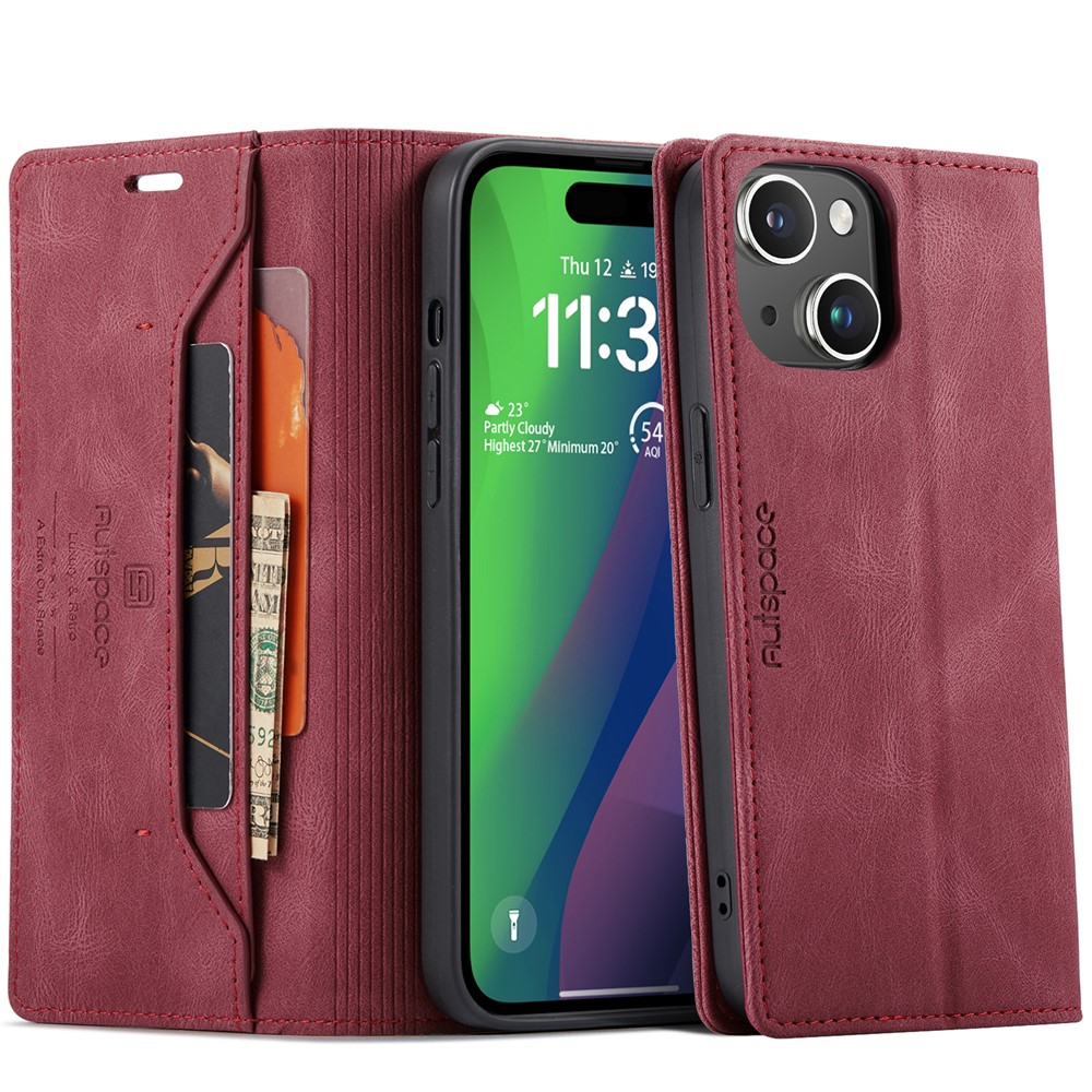 Wallet Case For iPhone 15 AUTSPACE A01 Leather Stand Cover with RFID Blocking Card Holder - Red