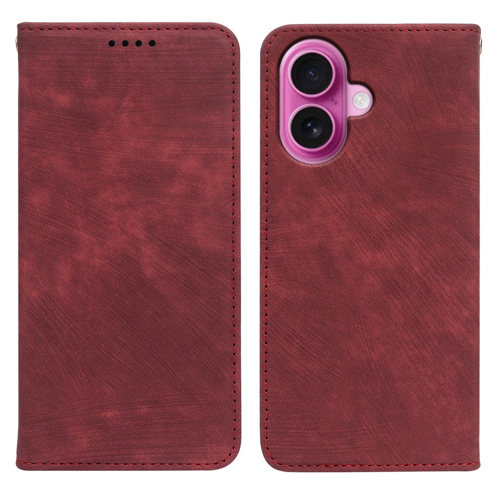 For iPhone 16 Plus Case Strong Magnetic Leather Wallet Phone Cover with Striped Texture - Red