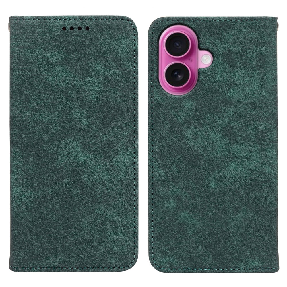 For iPhone 16 Plus Case Strong Magnetic Leather Wallet Phone Cover with Striped Texture - Green