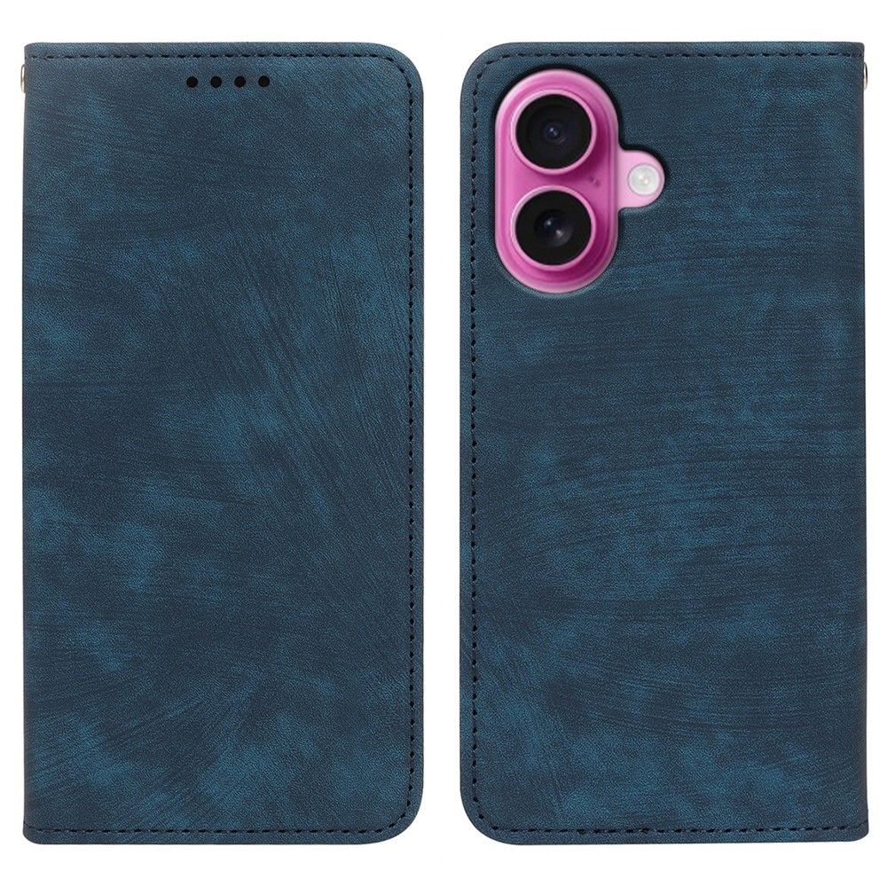 For iPhone 16 Plus Case Strong Magnetic Leather Wallet Phone Cover with Striped Texture - Blue