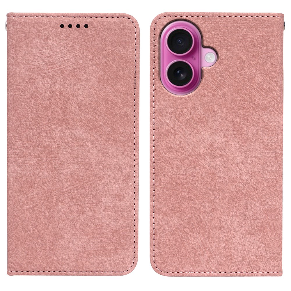 For iPhone 16 Plus Case Strong Magnetic Leather Wallet Phone Cover with Striped Texture - Rose Gold