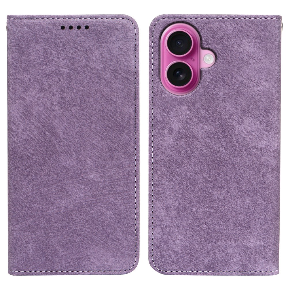 For iPhone 16 Plus Case Strong Magnetic Leather Wallet Phone Cover with Striped Texture - Purple