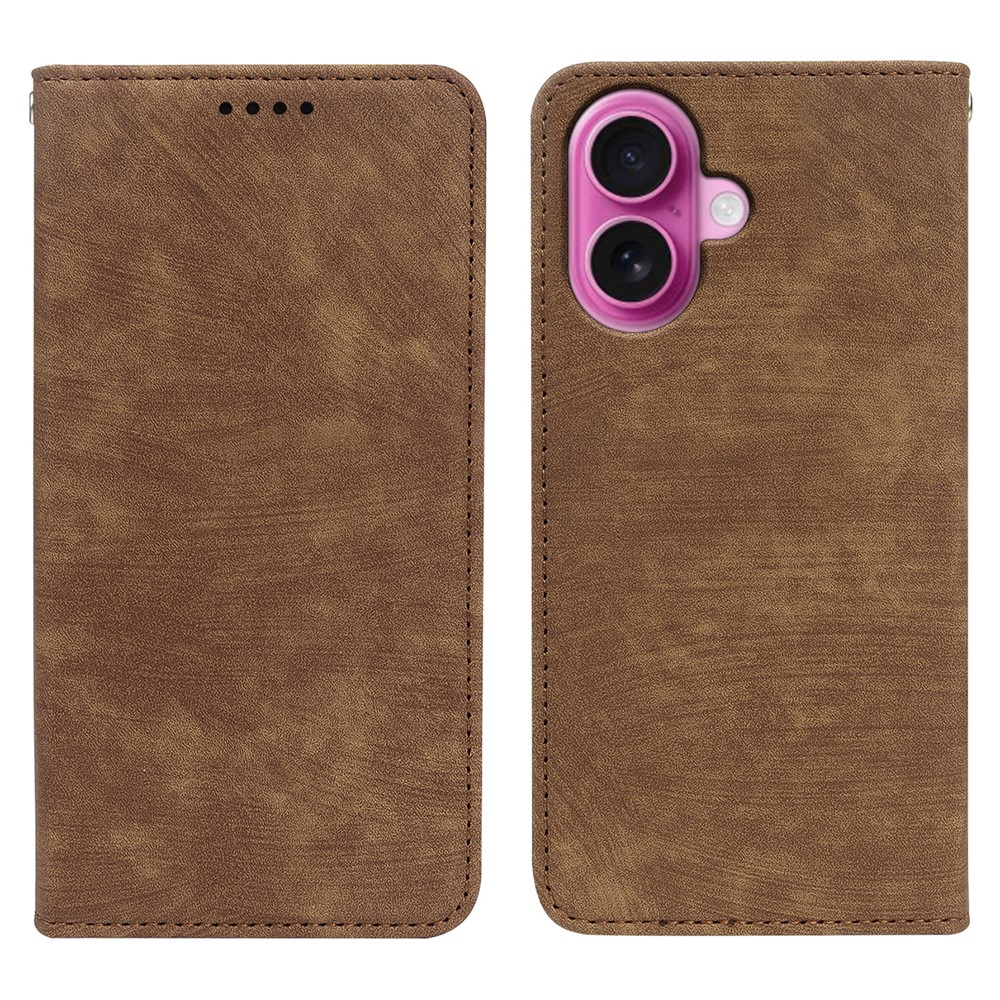 For iPhone 16 Plus Case Strong Magnetic Leather Wallet Phone Cover with Striped Texture - Brown