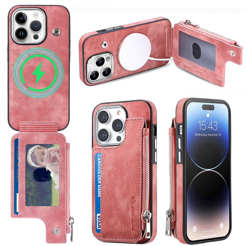 For iPhone 15 Pro Max Magnetic Case Card Holder Kickstand TPU + Leather Back Cover - Rose Pink