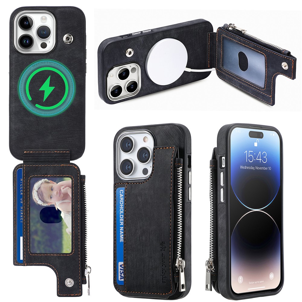 For iPhone 14 Pro Magnetic Case Card Holder Kickstand TPU + Leather Back Cover - Black