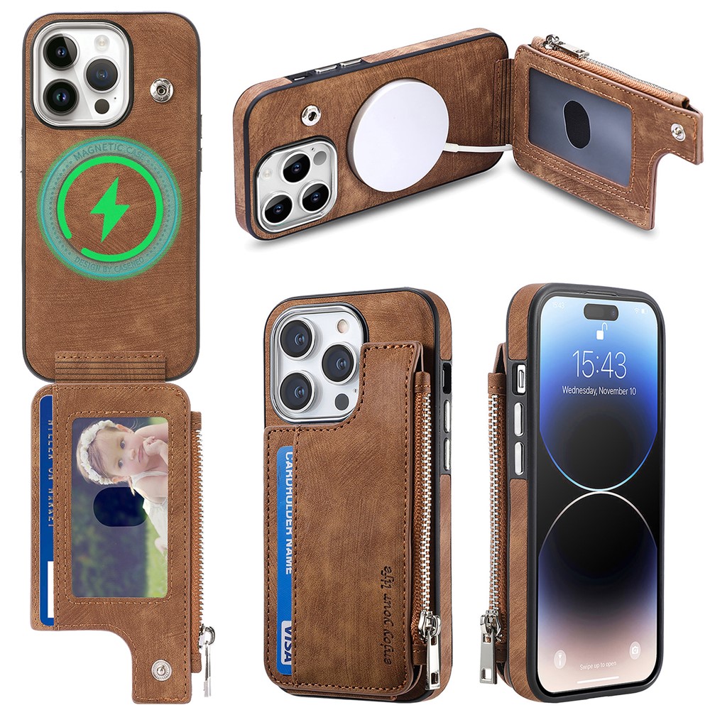 For iPhone 14 Pro Magnetic Case Card Holder Kickstand TPU + Leather Back Cover - Brown