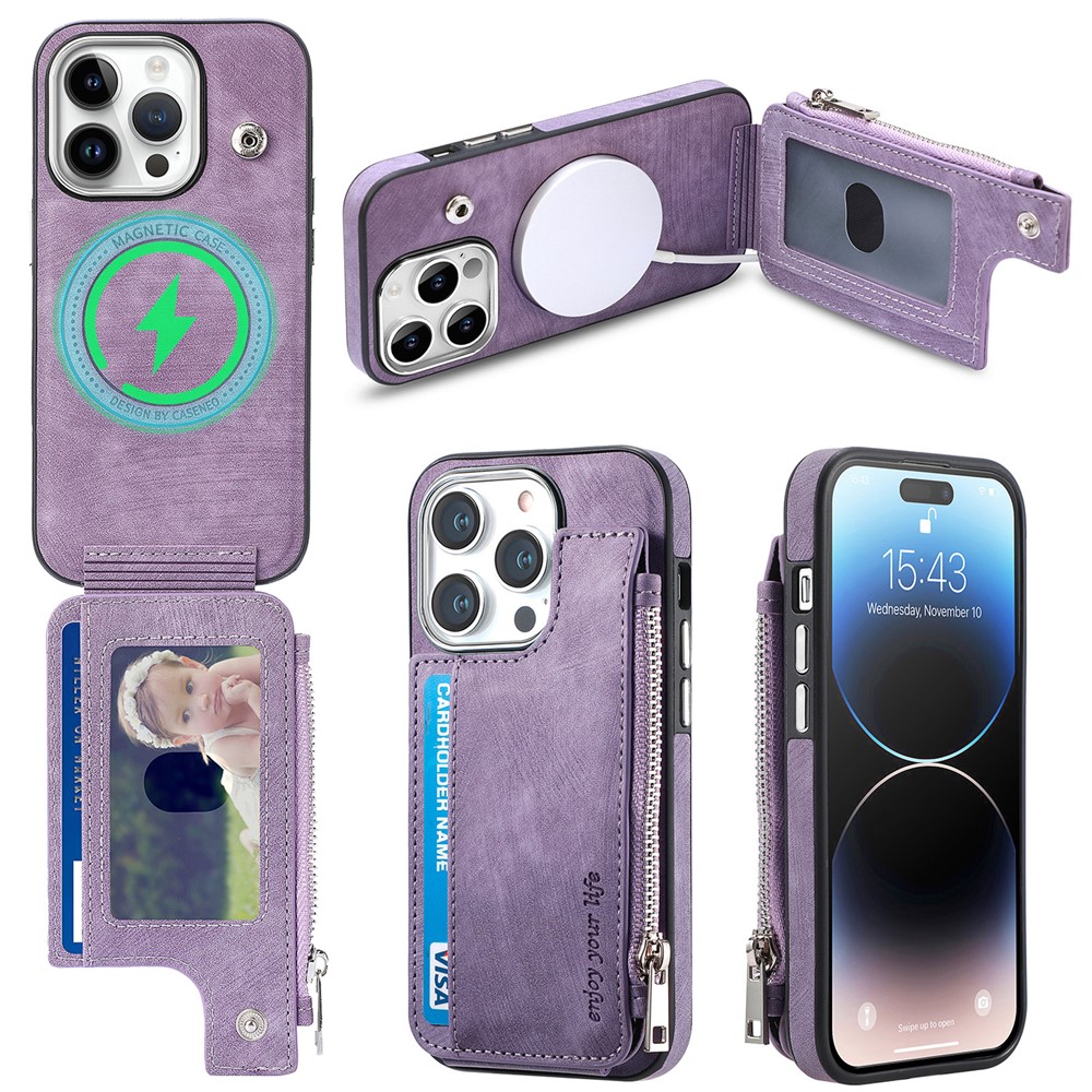 For iPhone 14 Pro Magnetic Case Card Holder Kickstand TPU + Leather Back Cover - Purple