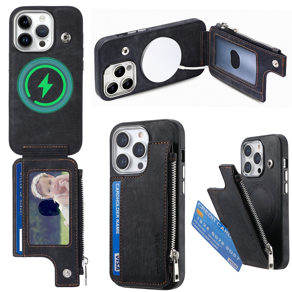 For iPhone 13 Pro Max Magnetic Case Card Holder Kickstand TPU + Leather Back Cover - Black