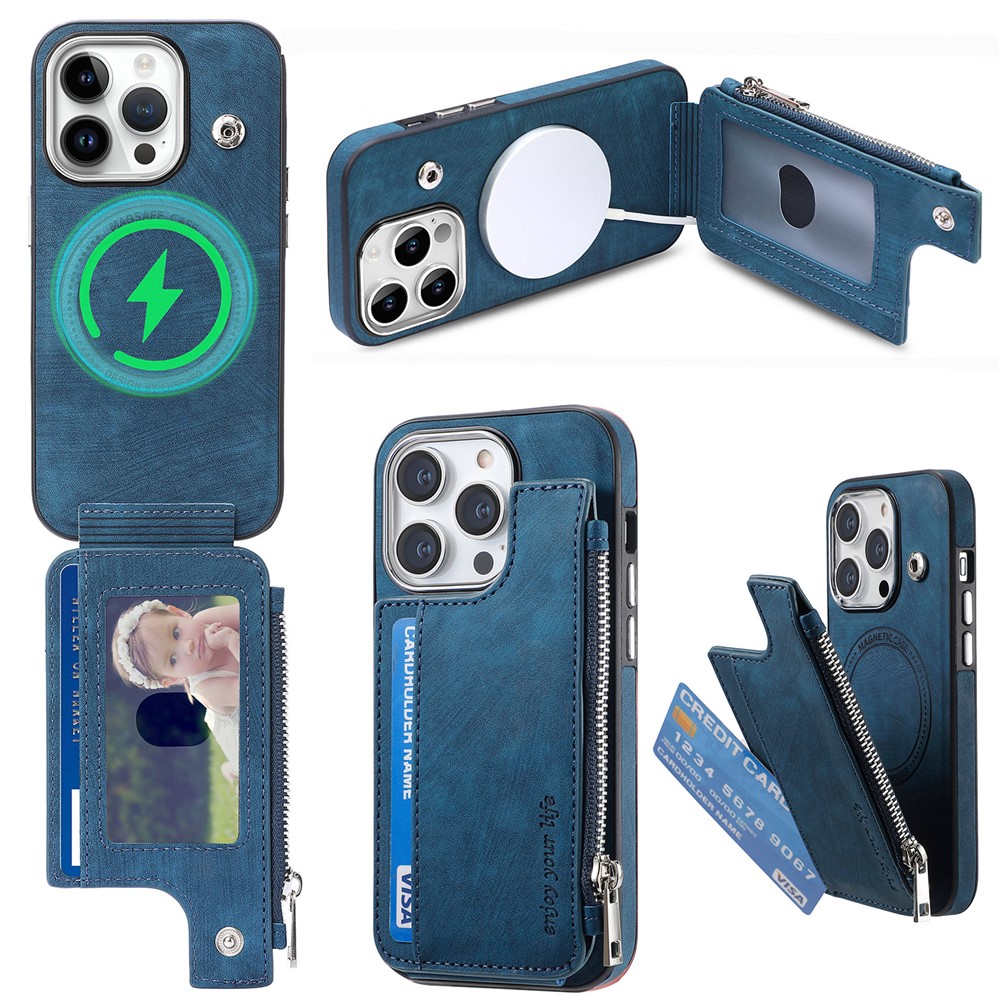 For iPhone 13 Pro Max Magnetic Case Card Holder Kickstand TPU + Leather Back Cover - Blue