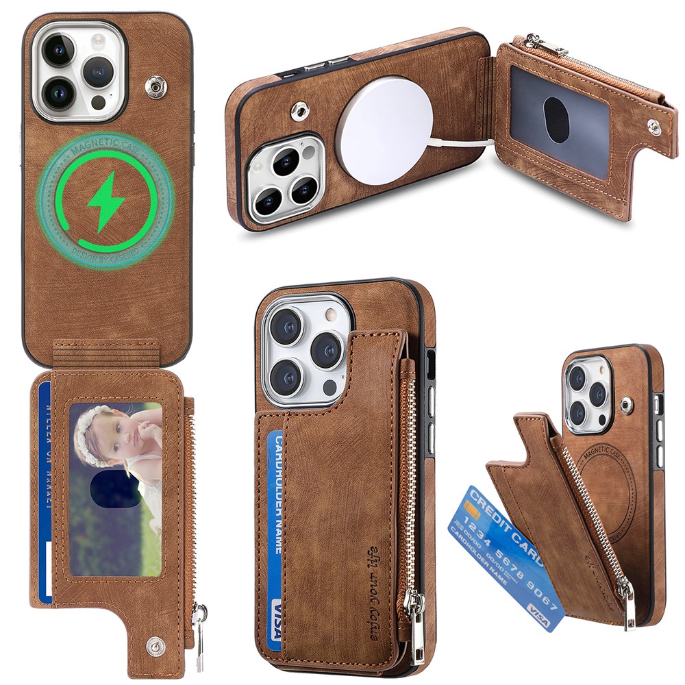 For iPhone 13 Pro Max Magnetic Case Card Holder Kickstand TPU + Leather Back Cover - Brown