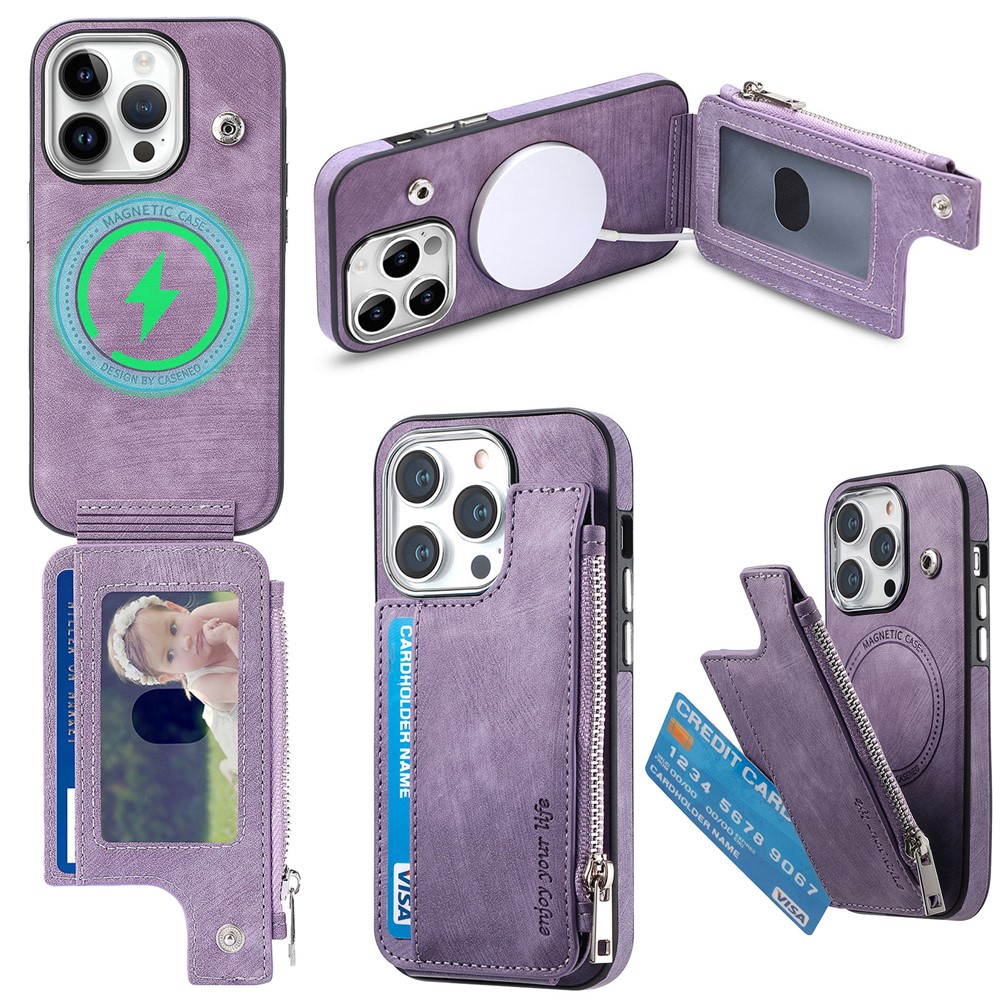For iPhone 13 Pro Max Magnetic Case Card Holder Kickstand TPU + Leather Back Cover - Purple