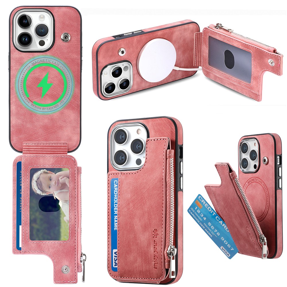 For iPhone 13 Pro Magnetic Case Card Holder Kickstand TPU + Leather Back Cover - Rose Pink