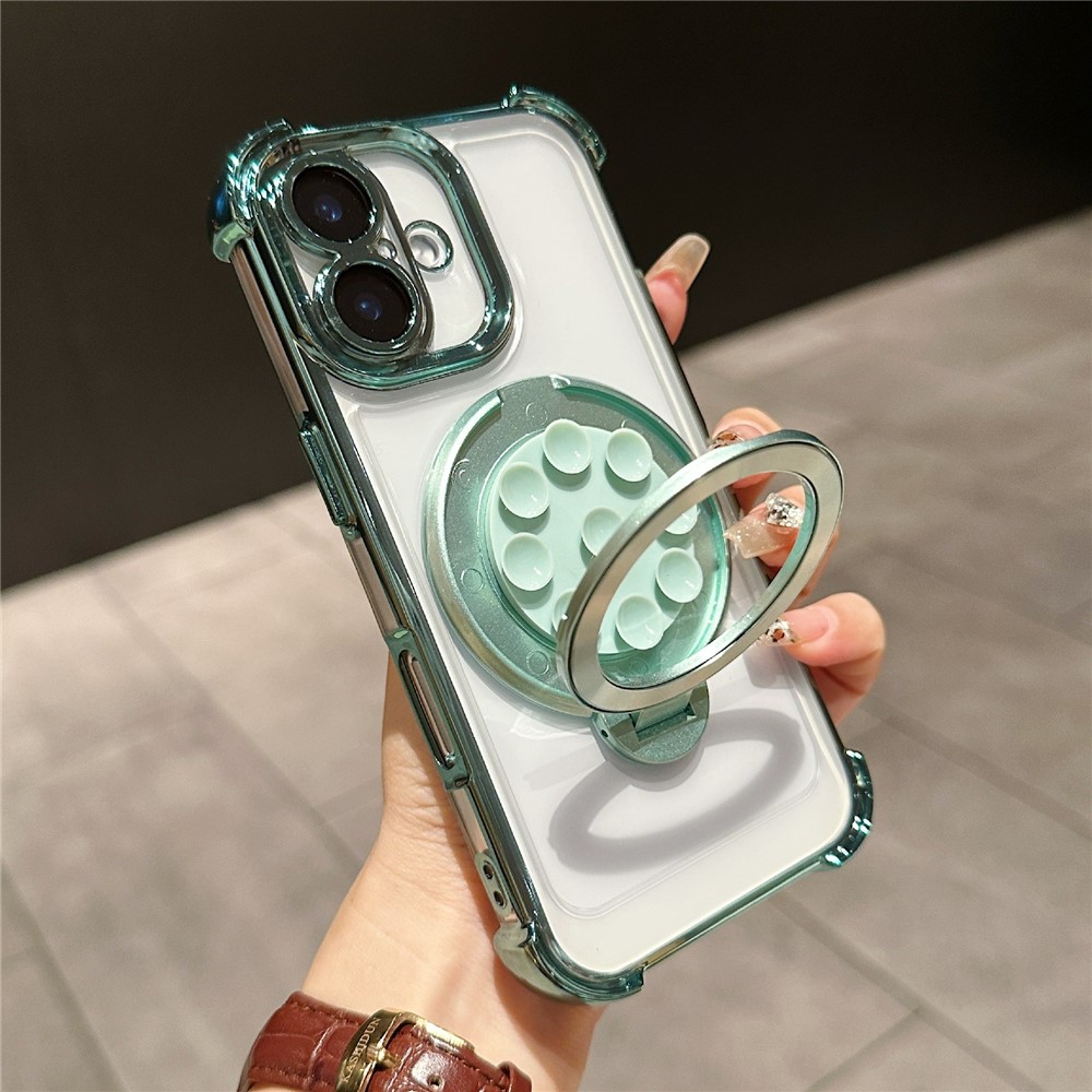For iPhone 16 Plus Magnetic Case Suction Cup Kickstand PC Phone Cover with Four Corner Airbag - Cyan