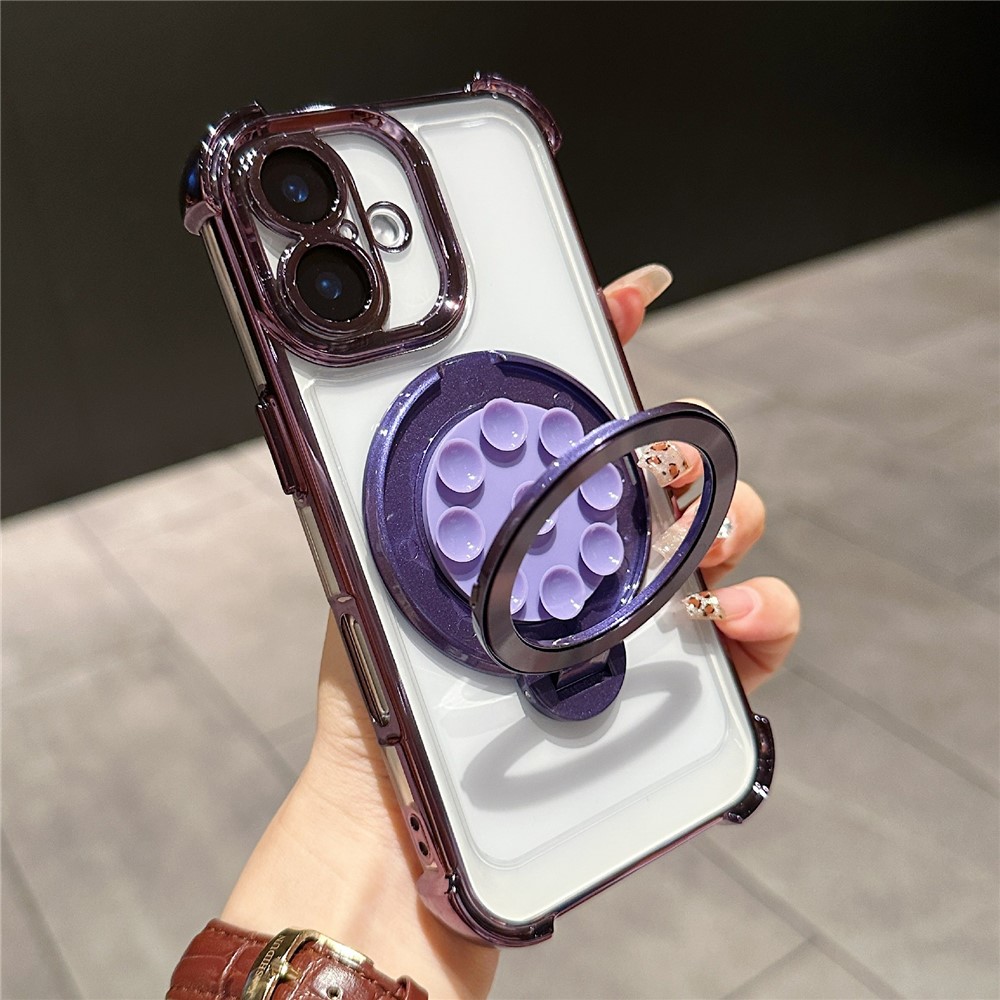 For iPhone 16 Plus Magnetic Case Suction Cup Kickstand PC Phone Cover with Four Corner Airbag - Purple
