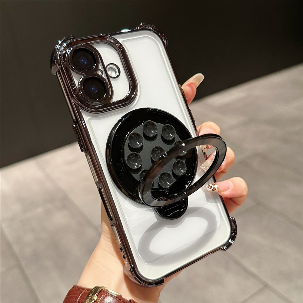 For iPhone 16 Plus Magnetic Case Suction Cup Kickstand PC Phone Cover with Four Corner Airbag - Black