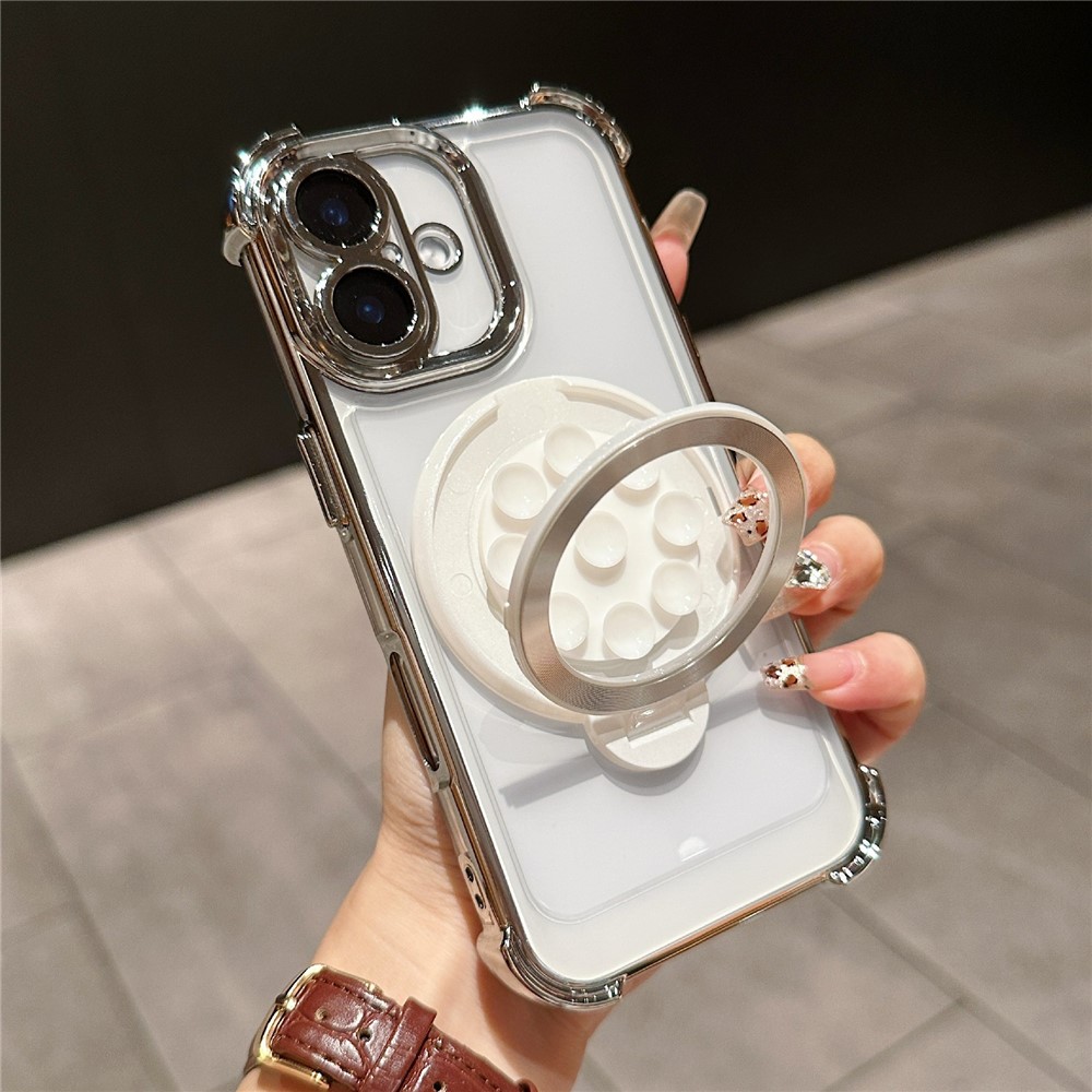 For iPhone 16 Plus Magnetic Case Suction Cup Kickstand PC Phone Cover with Four Corner Airbag - White