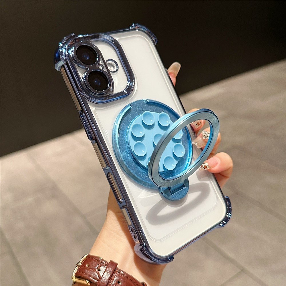 For iPhone 16 Plus Magnetic Case Suction Cup Kickstand PC Phone Cover with Four Corner Airbag - Blue
