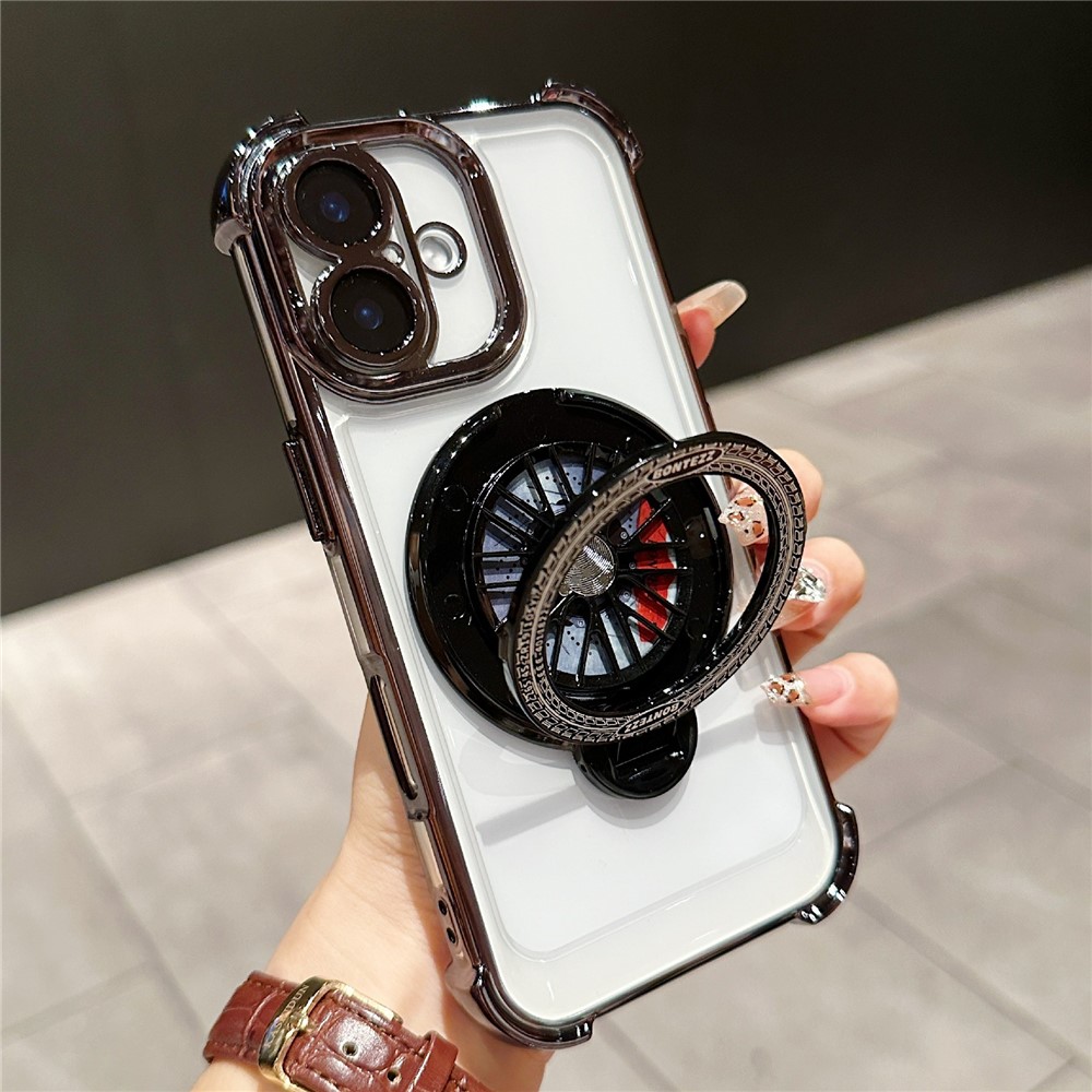 For iPhone 16 Plus Magnetic Case Rotating Fidget Spinner Kickstand PC + TPU Airbag Mobile Cover - Black