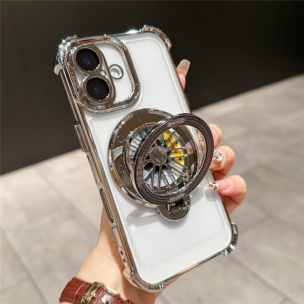 For iPhone 16 Plus Magnetic Case Rotating Fidget Spinner Kickstand PC + TPU Airbag Mobile Cover - Silver