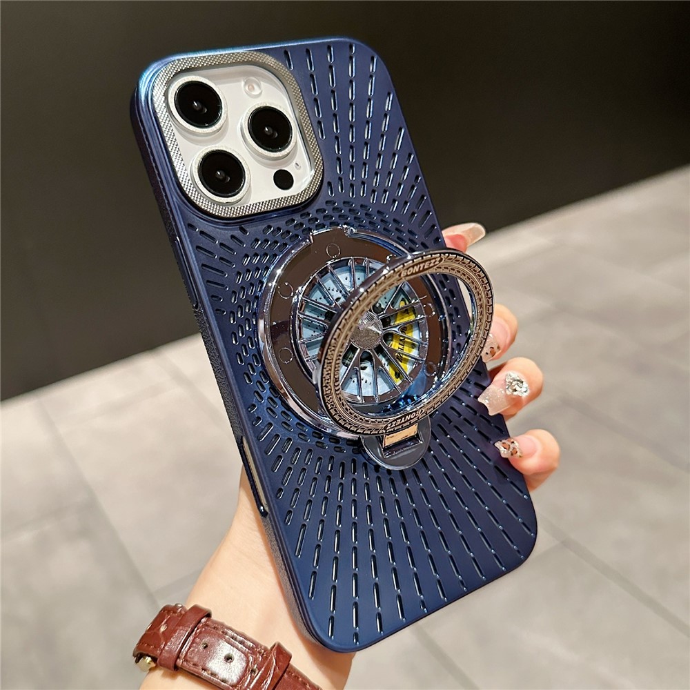 For iPhone 15 Pro Max Case Compatible with MagSafe Gyroscope Kickstand Heat Dissipation PC Back Cover - Navy Blue