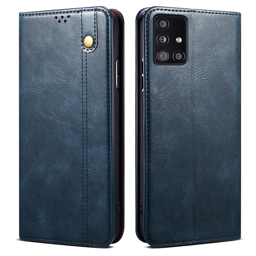 For Samsung Galaxy A51 5G Case Crazy Horse Texture Waxy Leather Wallet Stand Phone Cover - Blue