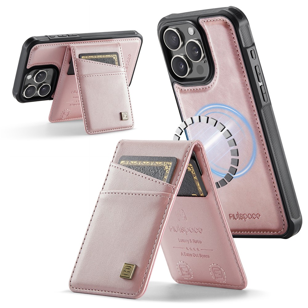 For iPhone 16 Pro Max Case AUTSPACE A12 Leather Back Cover with Magnetic Detachable Card Bag Kickstand - Rose Gold