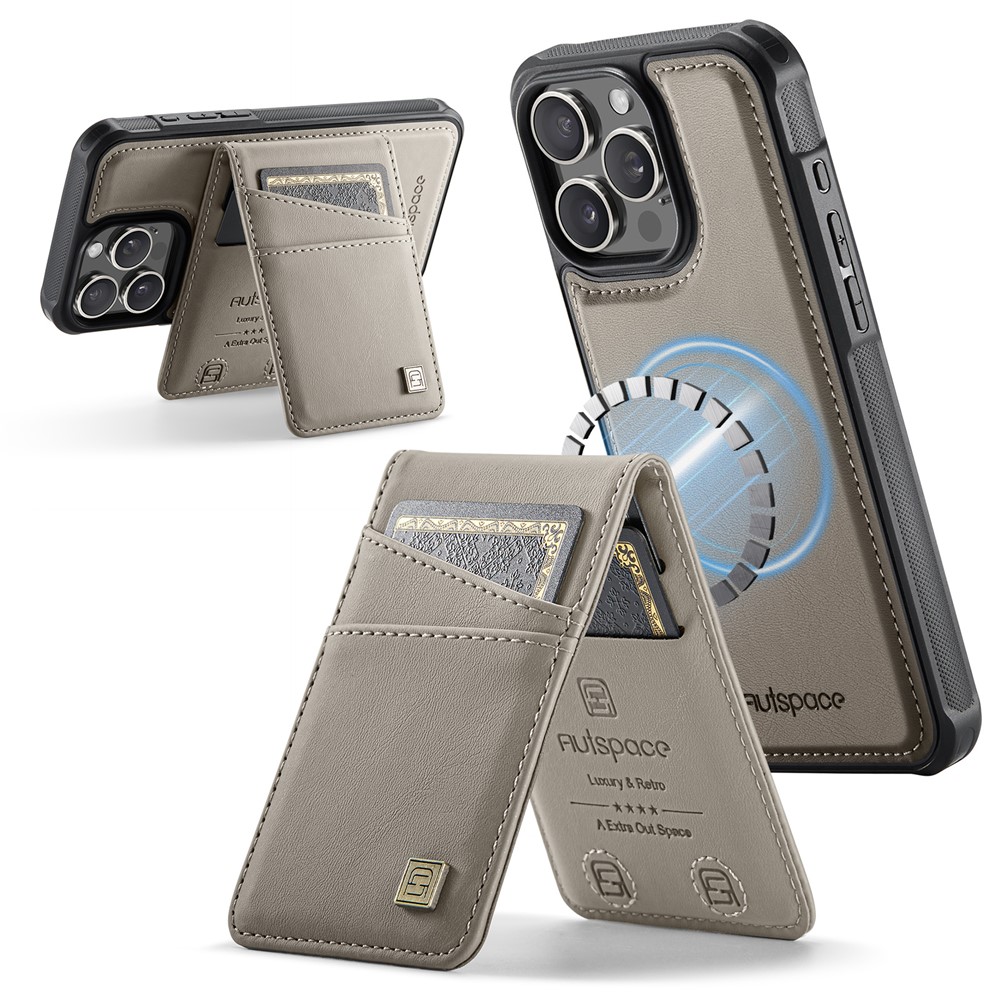 For iPhone 16 Pro Max Case AUTSPACE A12 Leather Back Cover with Magnetic Detachable Card Bag Kickstand - Grey
