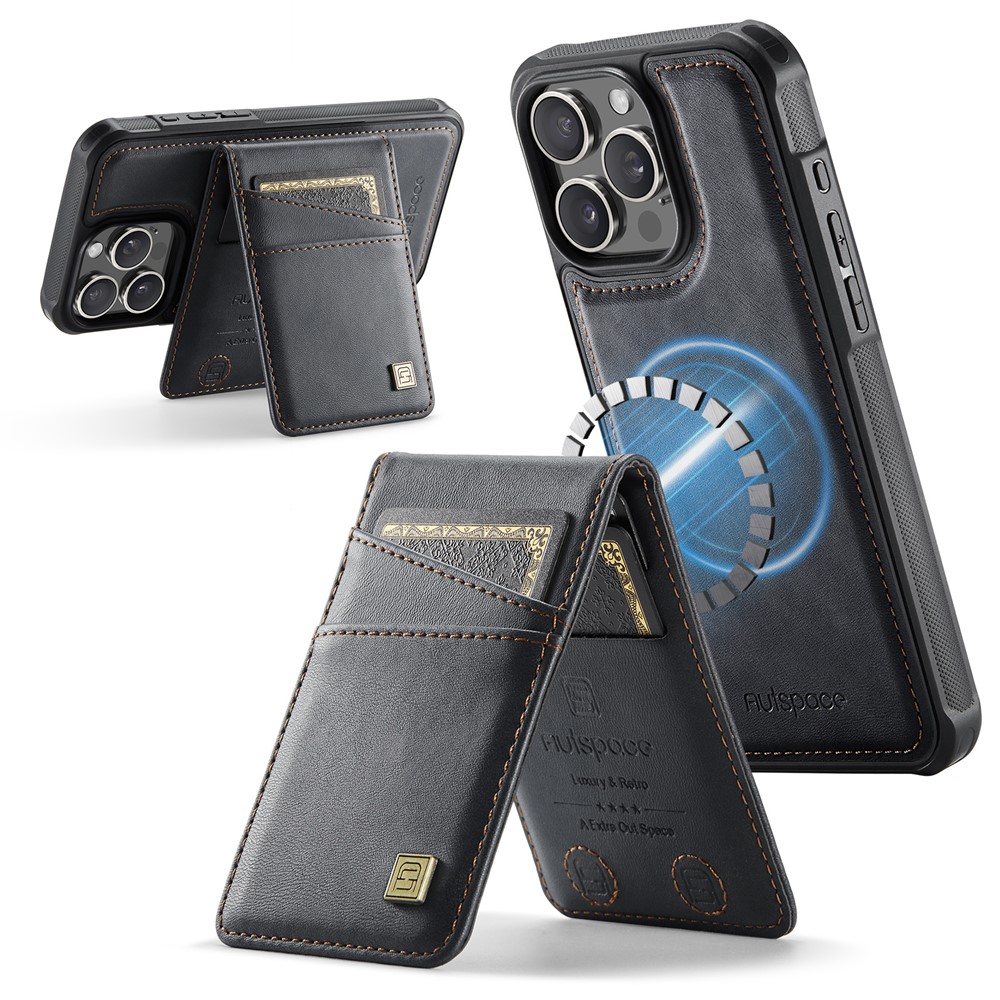 For iPhone 16 Pro Case AUTSPACE A12 Leather Back Cover with Magnetic Detachable Card Bag Kickstand - Black
