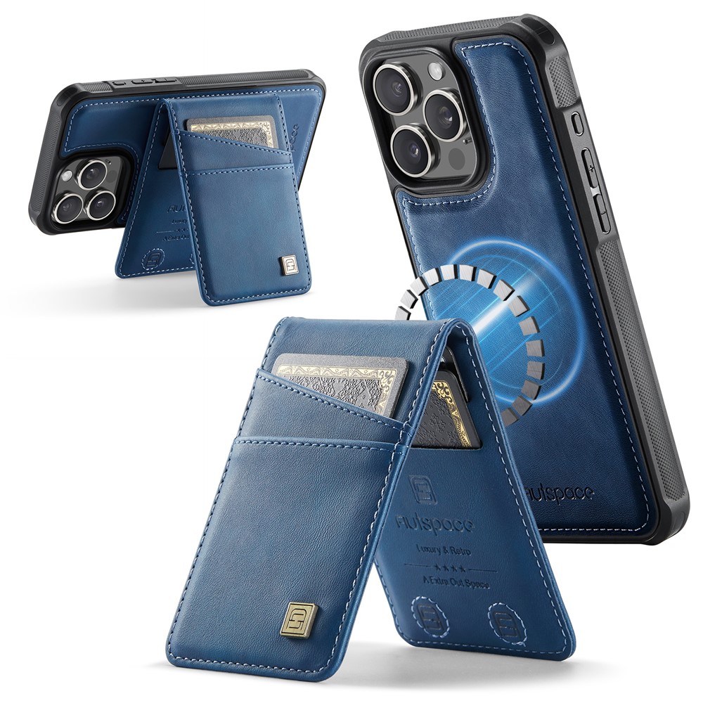 For iPhone 16 Pro Case AUTSPACE A12 Leather Back Cover with Magnetic Detachable Card Bag Kickstand - Blue